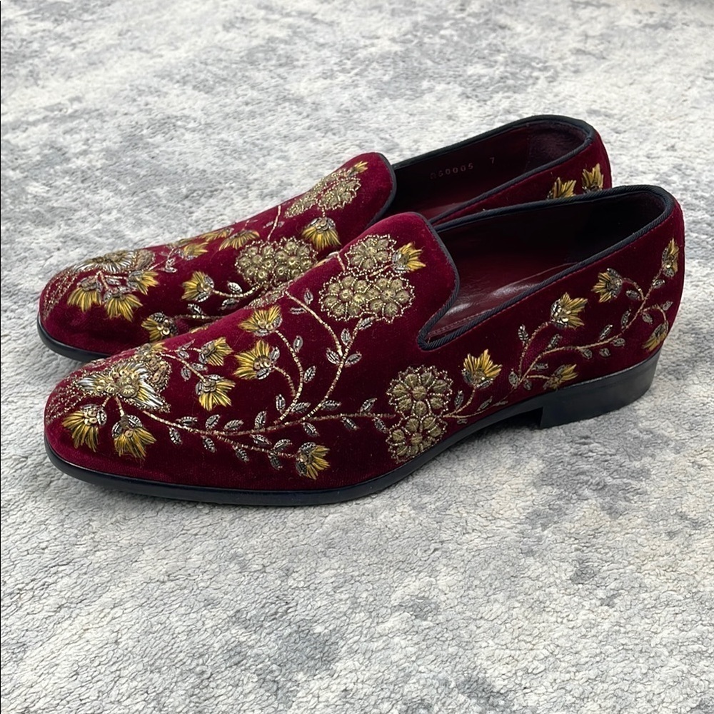 New Dolce & Gabbana Floral Embroidered Sequin Velvet Loafers Red Gold Luxury 7
